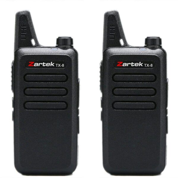 Zartek RX-8 two-way radio TWIN pack rechargeable version (incl 2 x radios, 2 x belt clips, 1 x mains adaptor, 1 x USB charging cable dual pin, 6 x AA NiMH rechargeable batteries) Hanging clear box