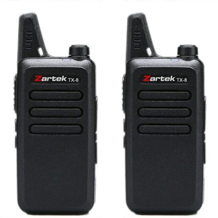 Zartek  TX-8 SUPER PACK two-way radios, UHF handheld transceiver,  2 pin side jack (incl 2 radios, 2 x earphones, 2 x USB cables, 2 x desktop cradle chargers, 1 mains adaptor, 2 x Batteries, 2 x belt clips) Blister pack