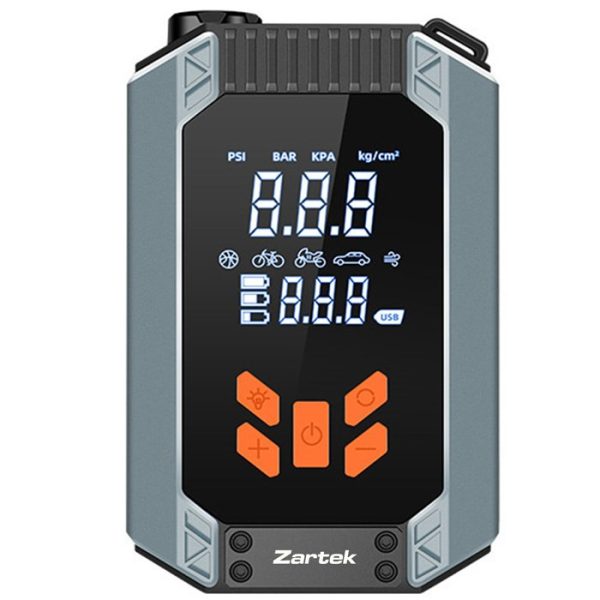 Zartek Portable Rechargeable Jump Starter / Air Pump, Multi Function 4 in 1,  Smart Jumpstarter clamp cable , Inflator/Compressor, hose, nozzles, 4 built in modes, LED light: White FlashlightRED Warning Light Battery Capacity 4 x 1800mAH Powerbank, USB - C